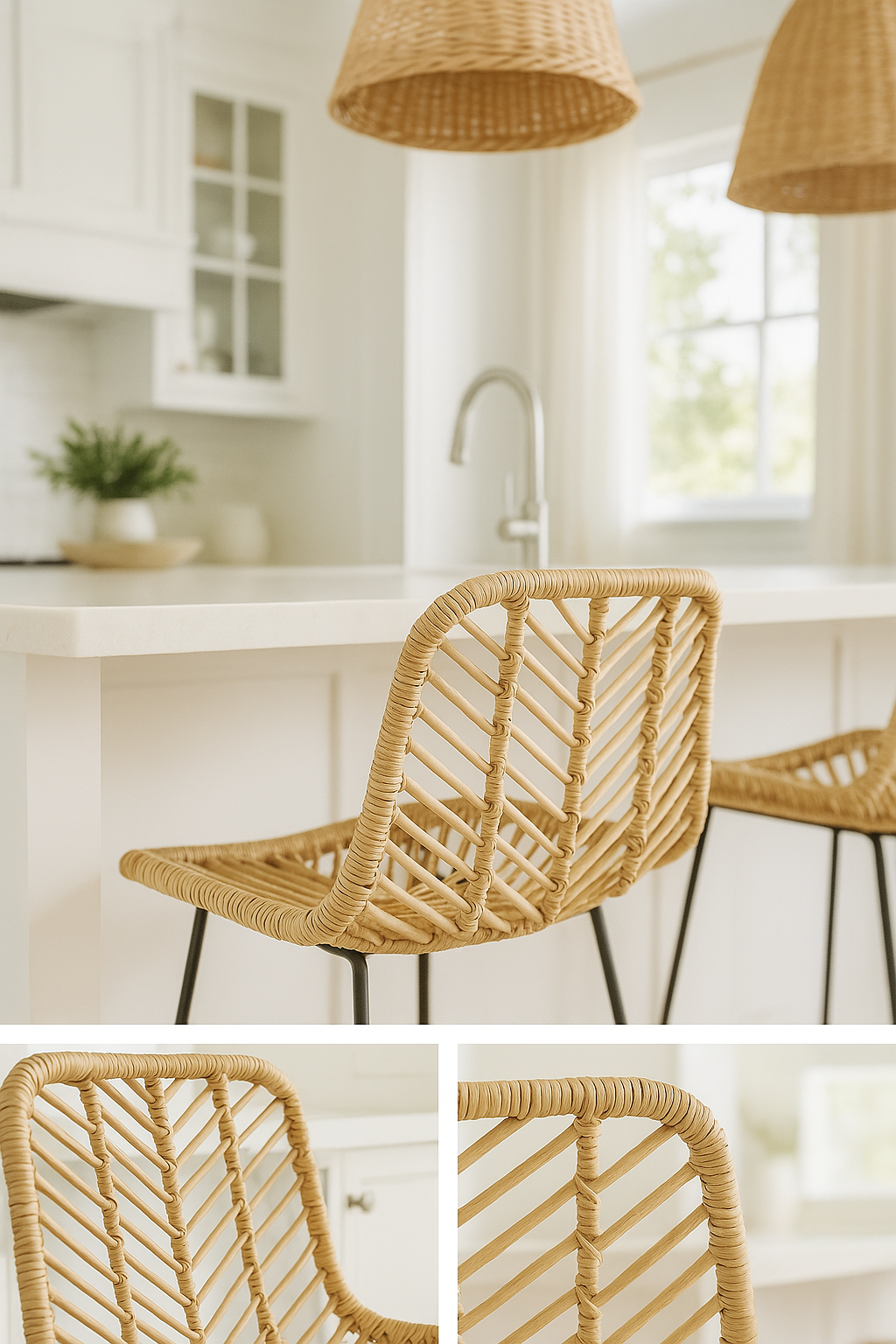 Dubai Coastal Luxury Furniture - Handcrafted Rattan and Iron kitchen island bar stool. Coastal luxury furniture for Dubai luxury homes, villas and hotels.