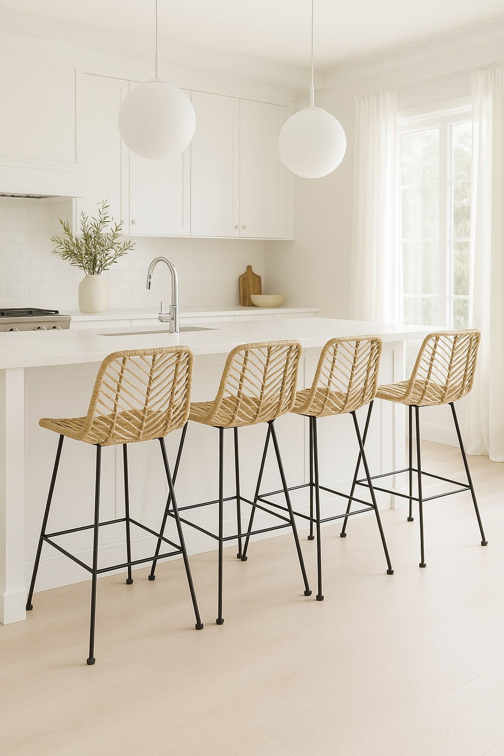 Dubai Coastal Furniture - Handcrafted Rattan and Iron kitchen island bar stool. Coastal luxury furniture for Dubai luxury homes, villas and hotels.